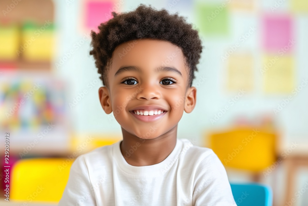 smiling little black boy sitting at the table with, kindergarten classroom in the background smiling little black boy sitting at the table with, kindergarten classroom in the background