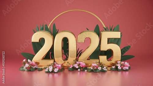Golden number 2025 with flowers around it. Year 2025 concept.
