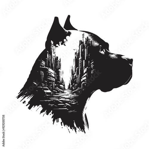 silhouette of pitbull, filled with destroyed futuristic dystopia environment in rough drawing,