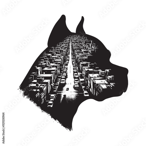 silhouette of pitbull, filled with ghetto street in rough drawing,