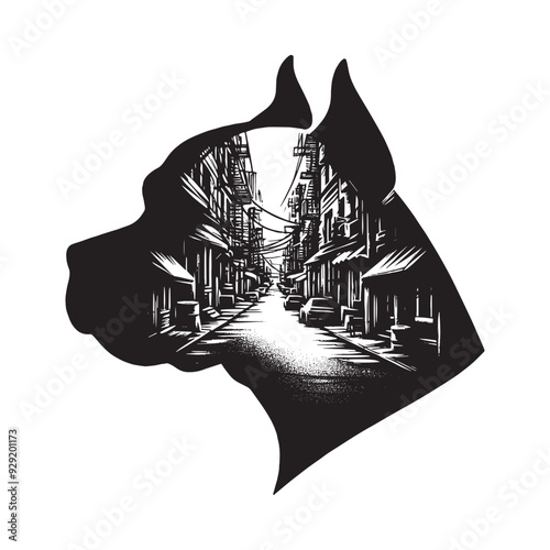 silhouette of pitbull, filled with ghetto street in rough drawing,