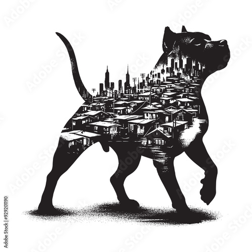 silhouette of pitbull, filled with ghetto street in rough drawing,
