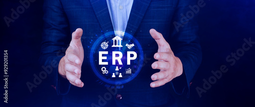 ERP Concept, Enterprise resource planning concept, analyzing ERP system on virtual screen, Connections between business intelligence, HR and CRM modules. photo