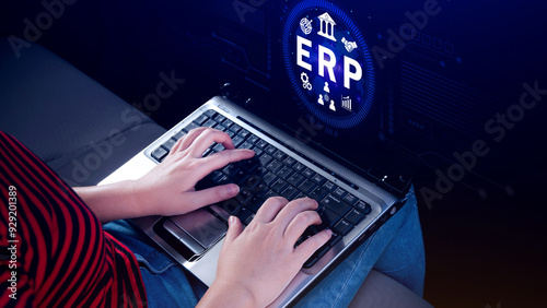 ERP Concept, Enterprise resource planning concept, analyzing ERP system on virtual screen, Connections between business intelligence, HR and CRM modules. photo