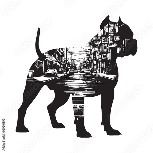 silhouette of pitbull, filled with ghetto street in rough drawing,