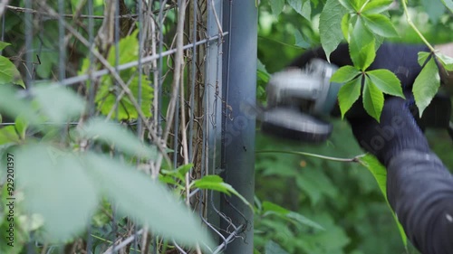 A worker dismantles a metal fence with a grinder against the backdrop of green foliage outside. Close-up
