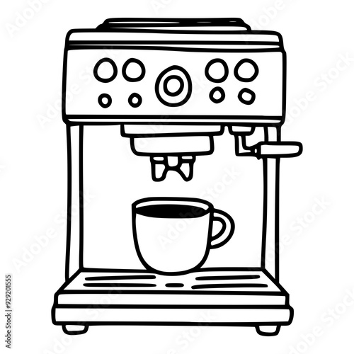 coffee machine with cup hand drawing cartoon vector illustration graphic design in black and white