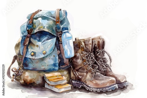Adventure Backpack and Boots for Hiking. Watercolor Illustration in Nature Setting