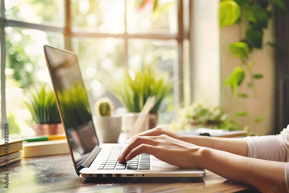closeup of female hands typing on laptop on table in bright room with house plants closeup of female hands typing on laptop on table in bright room with house plants
