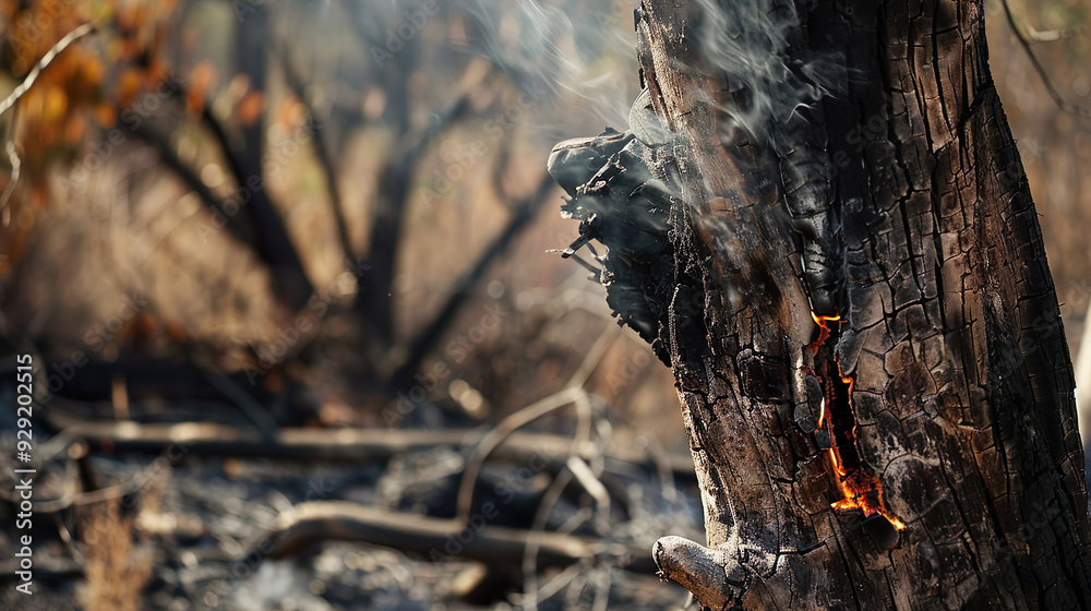 Charred Tree Trunk with Smoke after Forest Fire Charred Tree Trunk with Smoke after Forest Fire