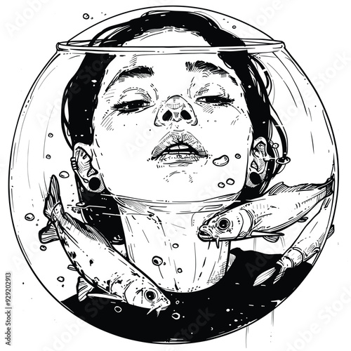 Surreal illustration of a woman's face in a fishbowl, minimalistic style.

