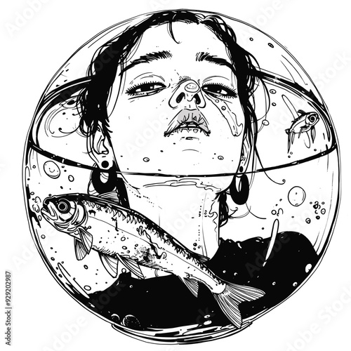 Surreal illustration of a woman's face in a fishbowl, minimalistic style.

