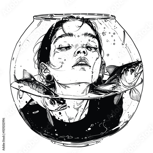 Surreal illustration of a woman's face in a fishbowl, minimalistic style.

