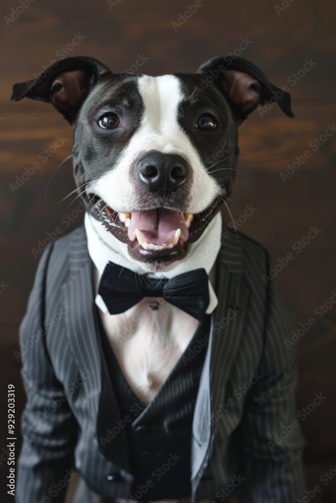 A cheerful dog dressed in a black pinstripe suit and bow tie, showing off a wide smile against a dark background A cheerful dog dressed in a black pinstripe suit and bow tie, showing off a wide smile against a dark background