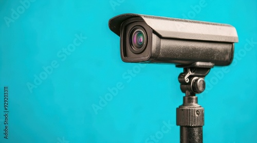 A modern surveillance camera positioned on a tripod against a vibrant turquoise background, ideal for security and technology themes.