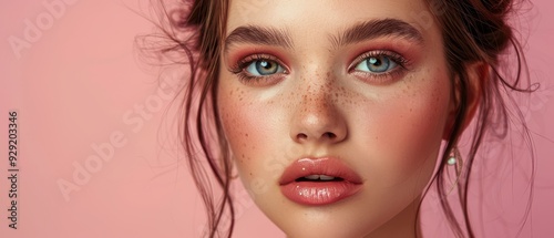 Young model with prominent freckles and soft makeup on a pink background. Free copy space for text.