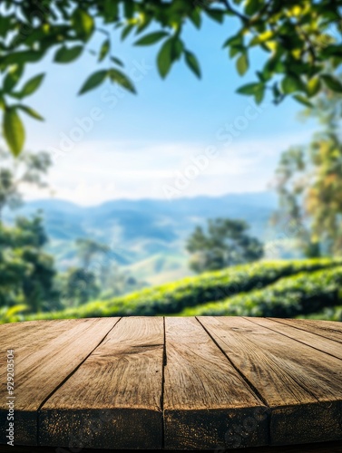 Circle wooden table top with blurred tea plantation landscape against blue sky and blurred green leaf frame Product display concept natural backgroud with generative ai photo