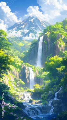 Enchanted anime-style Japanese Summer Valley: A Lush Green Landscape with Waterfalls and Vibrant Flora for Idyllic Getaways and Travel Posters,Anime-Style,illustration,Picture BooksFor Poster,Novel,UI
