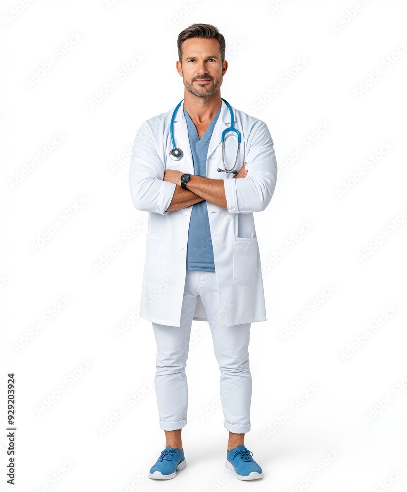 Confident doctor standing with arms crossed wearing a lab coat and stethoscope, isolated on white background.