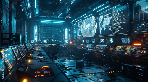Futuristic network operations center with technicians monitoring large screens displaying real-time data traffic and connectivity