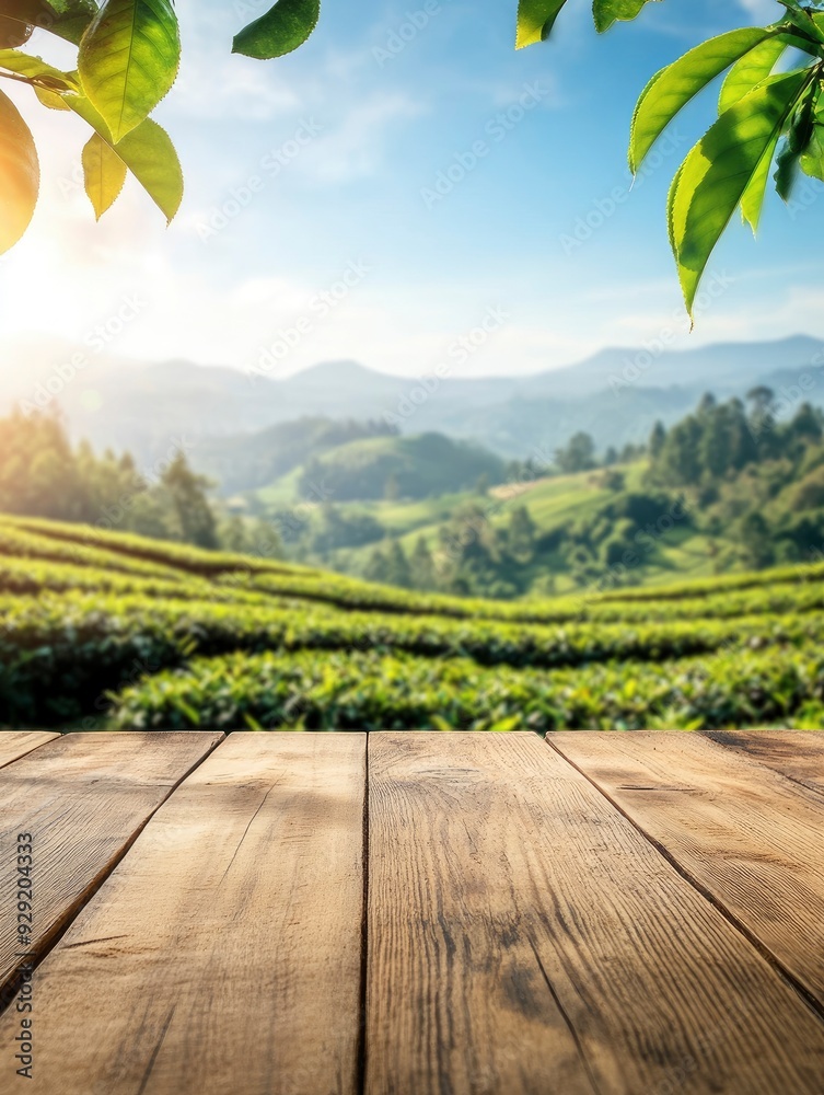 Circle wooden table top with blurred tea plantation landscape against blue sky and blurred green leaf frame Product display concept natural backgroud with generative ai Circle wooden table top with blurred tea plantation landscape against blue sky and blurred green leaf frame Product display concept natural backgroud with generative ai