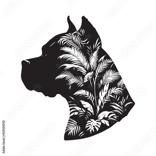 silhouette of pitbull, filled with tropical plant in the jungle in rough drawing,