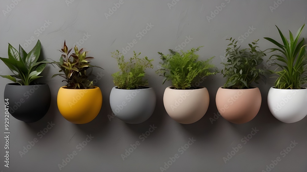 The image shows five round wall planters in different colors, each containing a small plant and white pebbles. They are arranged in a row on a grey wall. The planters are a great way to add greenery t The image shows five round wall planters in different colors, each containing a small plant and white pebbles. They are arranged in a row on a grey wall. The planters are a great way to add greenery t