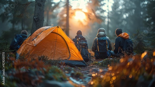 Close-Up View of Friends Joining Forces to Erect a Tent in a Scenic Forest: Capturing the Essence of Outdoor Recreation, Team Spirit, and the Thrill of Camping Adventures Together.