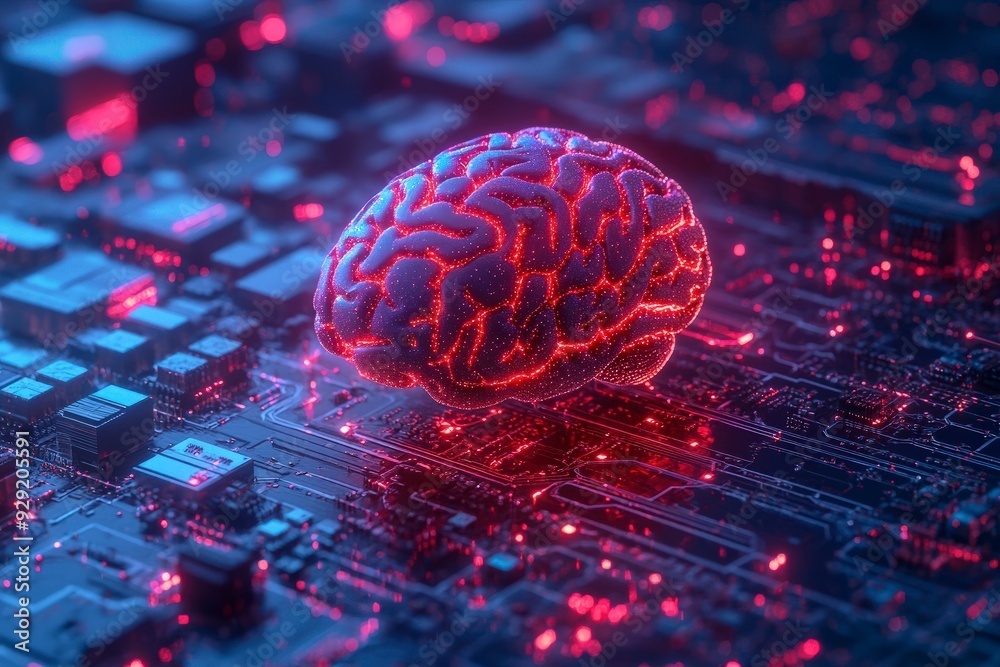 A digital brain over a circuit board, symbolizing technology and artificial intelligence. A digital brain over a circuit board, symbolizing technology and artificial intelligence.