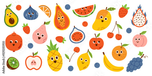Vector set of cute smiling fruits. Summer funny fruits with faces. Baby fruit characters. Collection of happy smiling childish nature summer food. Exotic and tropical fruits.