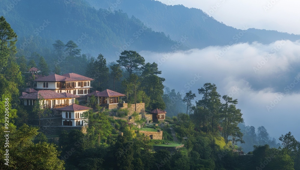 Houses nestled in mountainside with clouds.