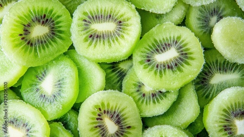 A close up of a pile of frozen sliced kiwi fruit, AI photo