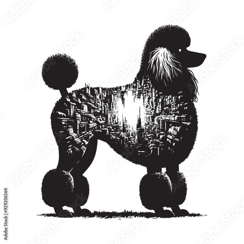 silhouette of Poodle, filled with destroyed futuristic dystopia environment in rough drawing,