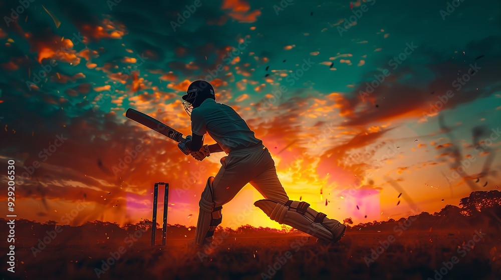 Obraz premium Cricket player batsman doing a pose with a bat shot. technology elements sci fi. Generative AI.