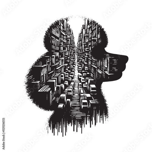 silhouette of Poodle, filled with ghetto street in rough drawing,