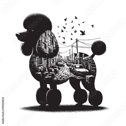 silhouette of Poodle, filled with ghetto street in rough drawing,