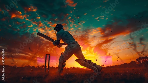 Cricket player batsman doing a pose with a bat shot. technology elements sci fi. Generative AI.