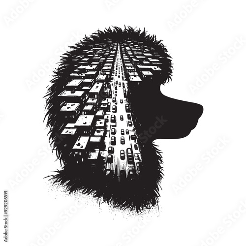 silhouette of Poodle, filled with ghetto street in rough drawing,