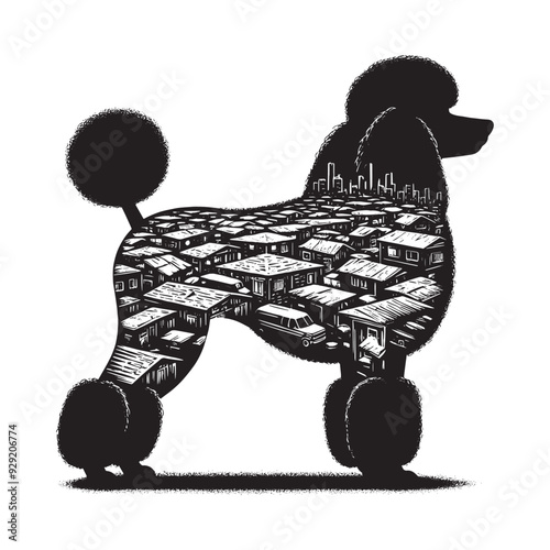 silhouette of Poodle, filled with ghetto street in rough drawing,
