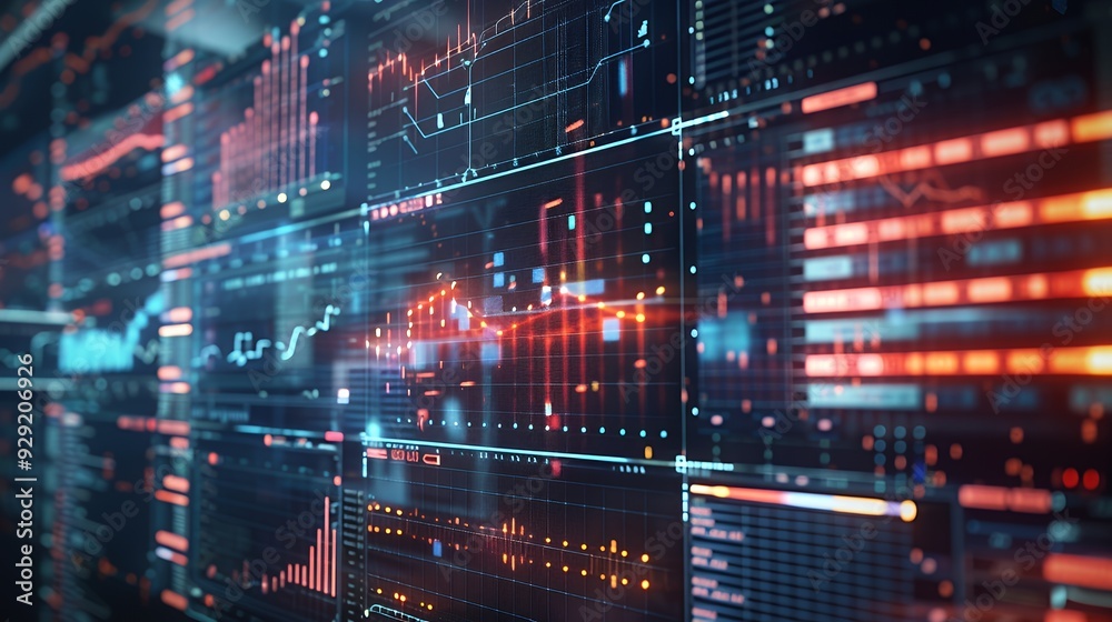 A digital interface displaying data analytics and financial charts. A digital interface displaying data analytics and financial charts.