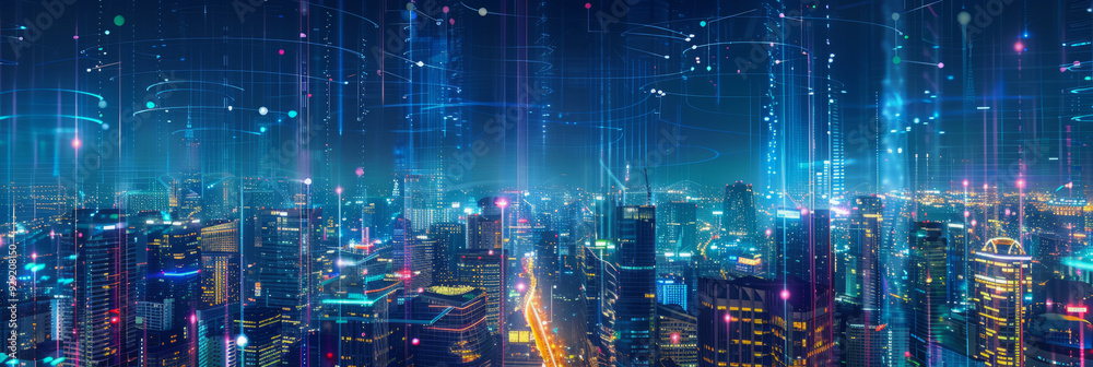 Glowing futuristic cityscape at night, illuminated by neon lights and digital data streams, featuring towering skyscrapers. Developing city through global network Glowing futuristic cityscape at night, illuminated by neon lights and digital data streams, featuring towering skyscrapers. Developing city through global network