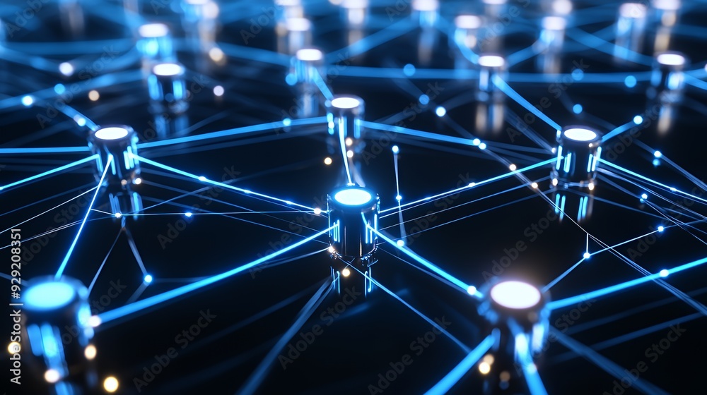Obraz premium A digital network visualization with glowing nodes and connections.