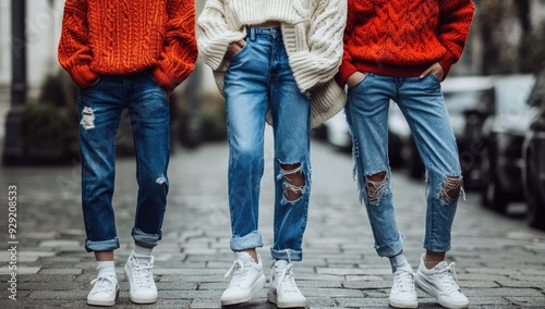 Three people wearing jeans and white sneakers. photo