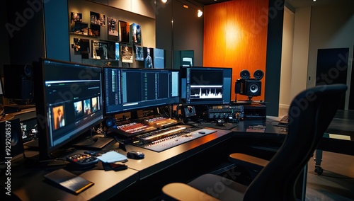 A video editing suite with multiple monitors.