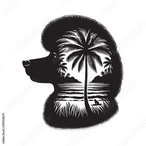 silhouette of Poodle, filled with ocean beach view with palm tree in rough drawing,