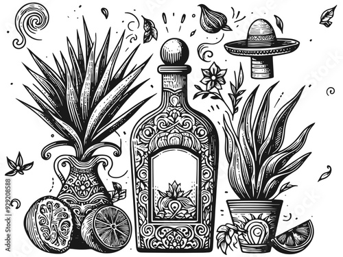Pattern of mexican alcohol tequila drinking. Bottle, agave, glass, lemon or lime. Generative ai.