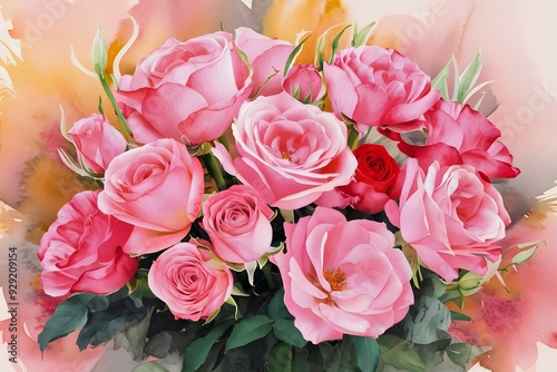 Watercolor pink rose flower bouquet for valentines day
 photo