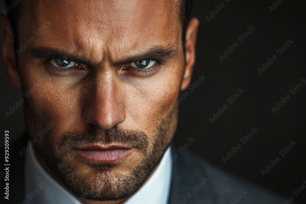 Close-up of a handsome businessman with a serious, intense expression. He's wearing a business suit. with generative ai Close-up of a handsome businessman with a serious, intense expression. He's wearing a business suit. with generative ai