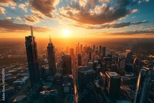 Vibrant cityscape at sunset showing skyscrapers bathed in golden light and long shadows stretching across the streets of a modern metropolitan city