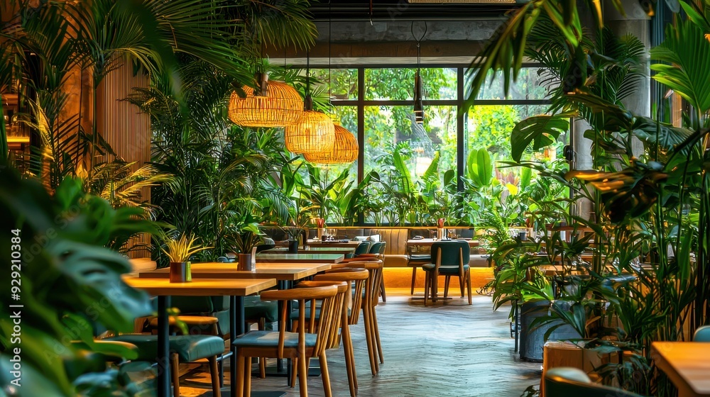 Modern restaurant interior featuring lush greenery and stylish décor. The combination of plants and contemporary design creates a refreshing and inviting atmosphere Modern restaurant interior featuring lush greenery and stylish décor. The combination of plants and contemporary design creates a refreshing and inviting atmosphere